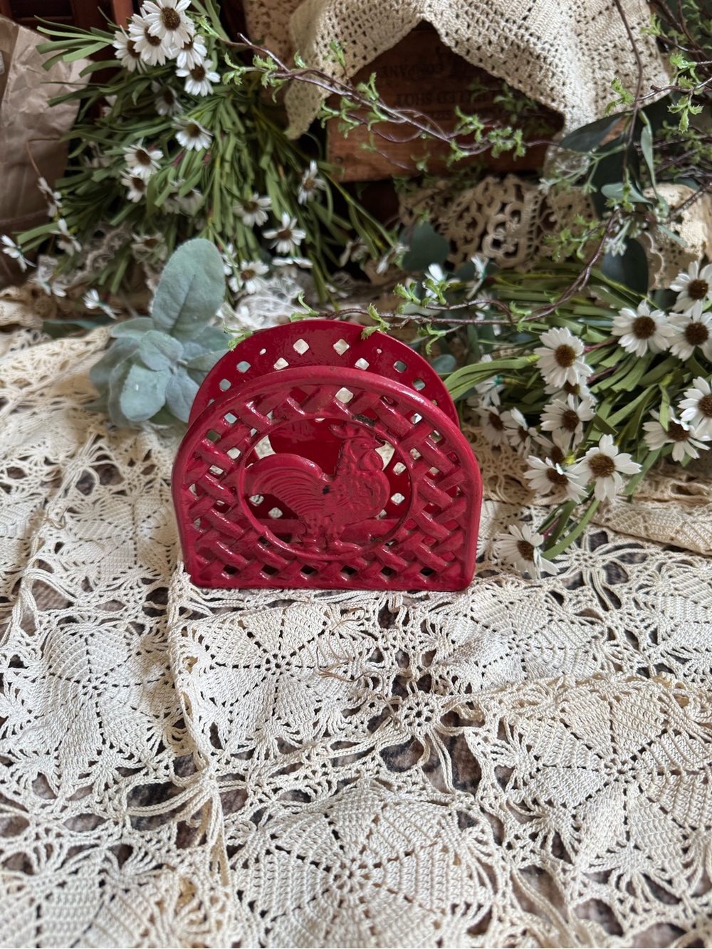 Vintage Red Cast Iron Rooster Napkin Holder